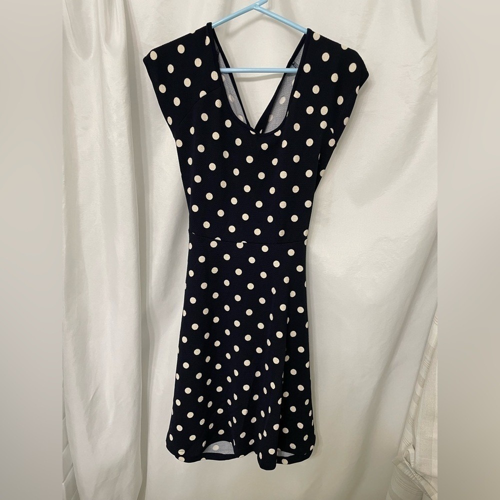 Gilli Navy Polka Dot Skater Dress Criss‎ Cross Cutout Back Mini Size Medium